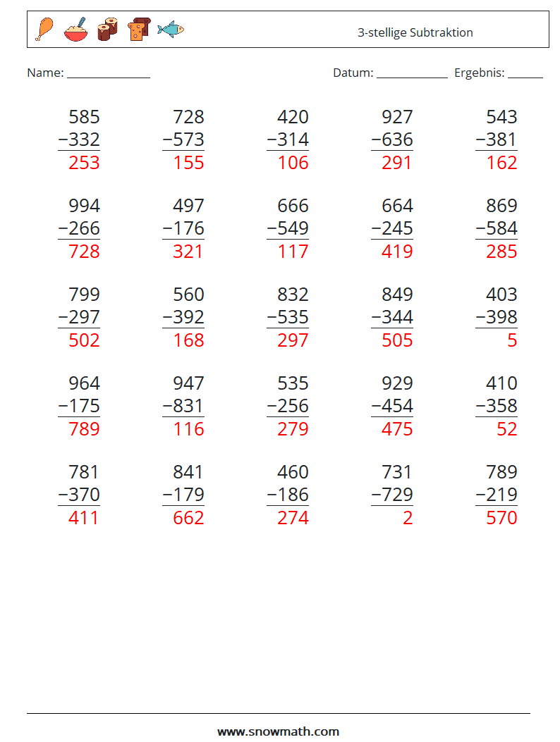 (25) 3-stellige Subtraktion Mathe-Arbeitsblätter 13 Frage, Antwort