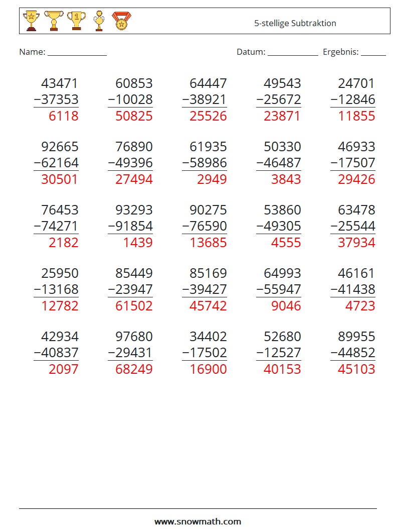 (25) 5-stellige Subtraktion Mathe-Arbeitsblätter 10 Frage, Antwort