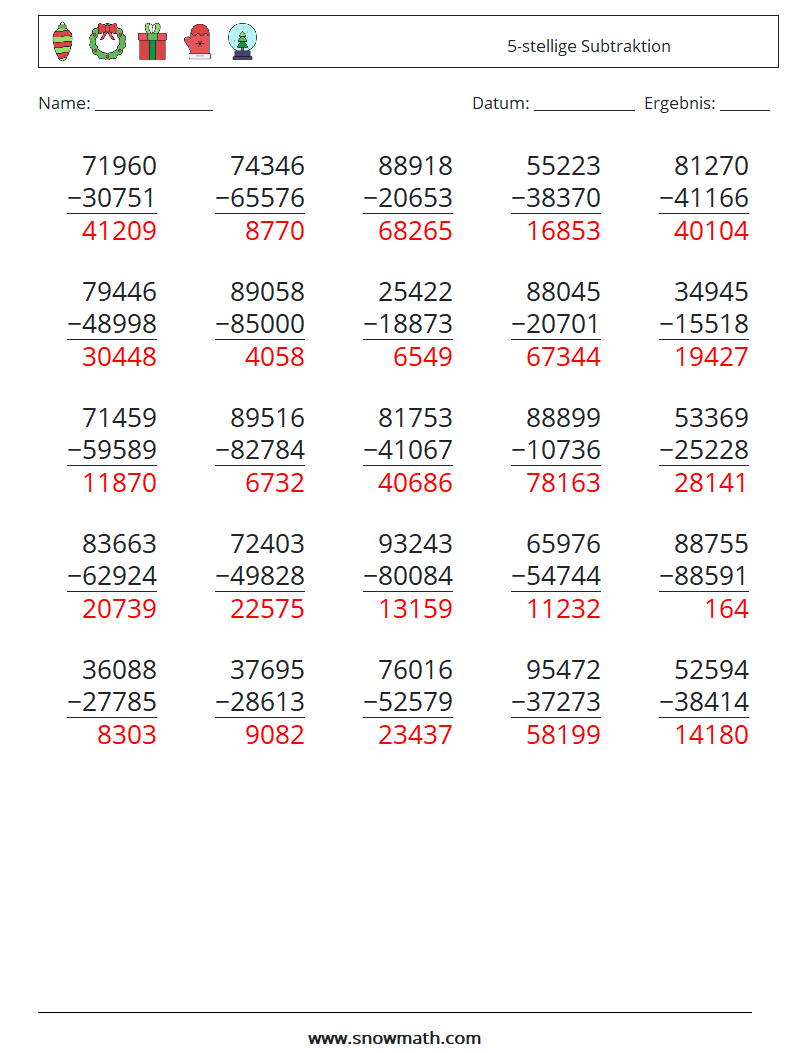 (25) 5-stellige Subtraktion Mathe-Arbeitsblätter 12 Frage, Antwort