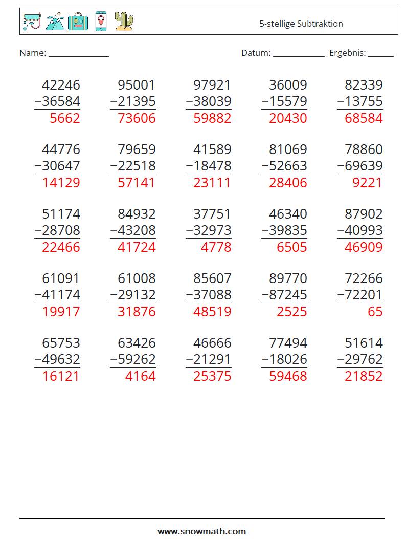 (25) 5-stellige Subtraktion Mathe-Arbeitsblätter 13 Frage, Antwort