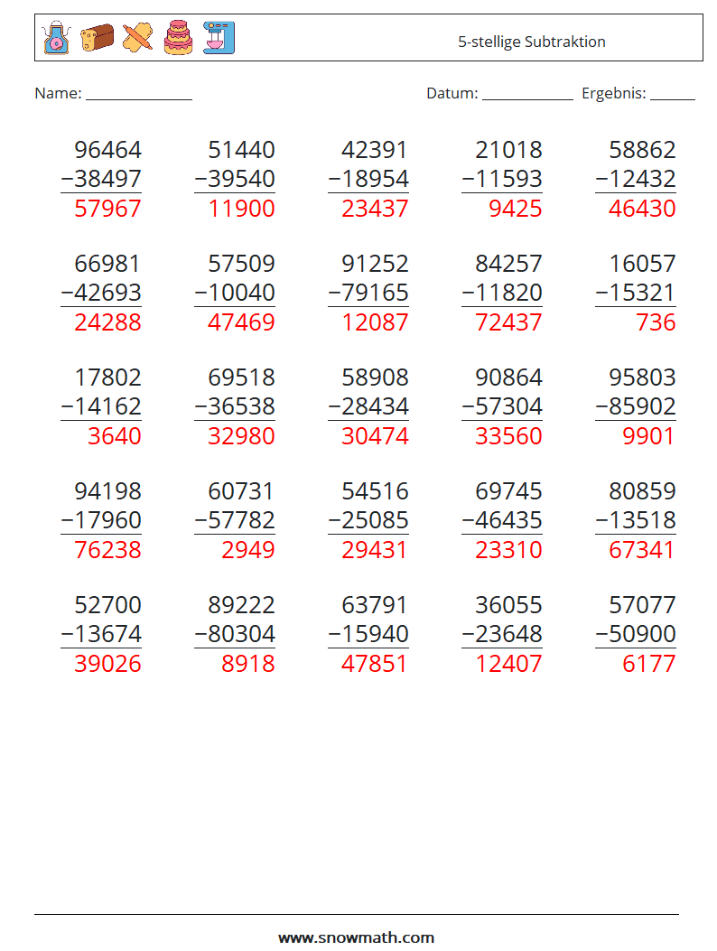 (25) 5-stellige Subtraktion Mathe-Arbeitsblätter 15 Frage, Antwort