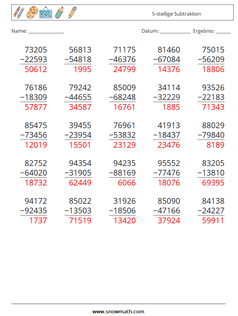 (25) 5-stellige Subtraktion Mathe-Arbeitsblätter 16 Frage, Antwort