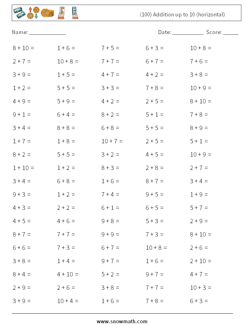 (100) Addition up to 10 (horizontal) Math Worksheets 1