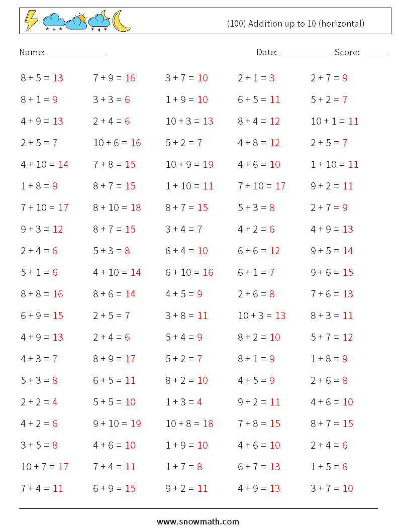(100) Addition up to 10 (horizontal) Math Worksheets 2 Question, Answer
