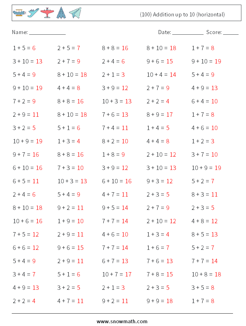 (100) Addition up to 10 (horizontal) Math Worksheets 3 Question, Answer