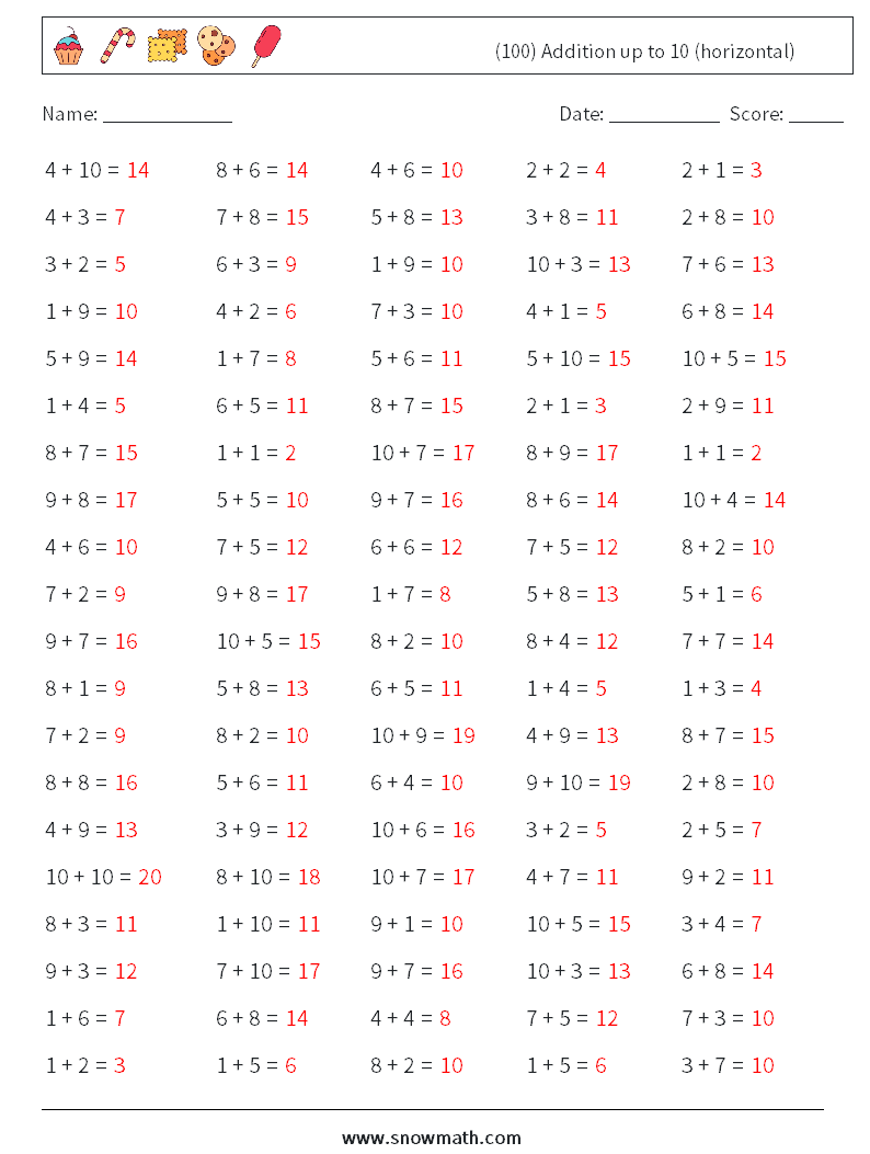 (100) Addition up to 10 (horizontal) Math Worksheets 6 Question, Answer