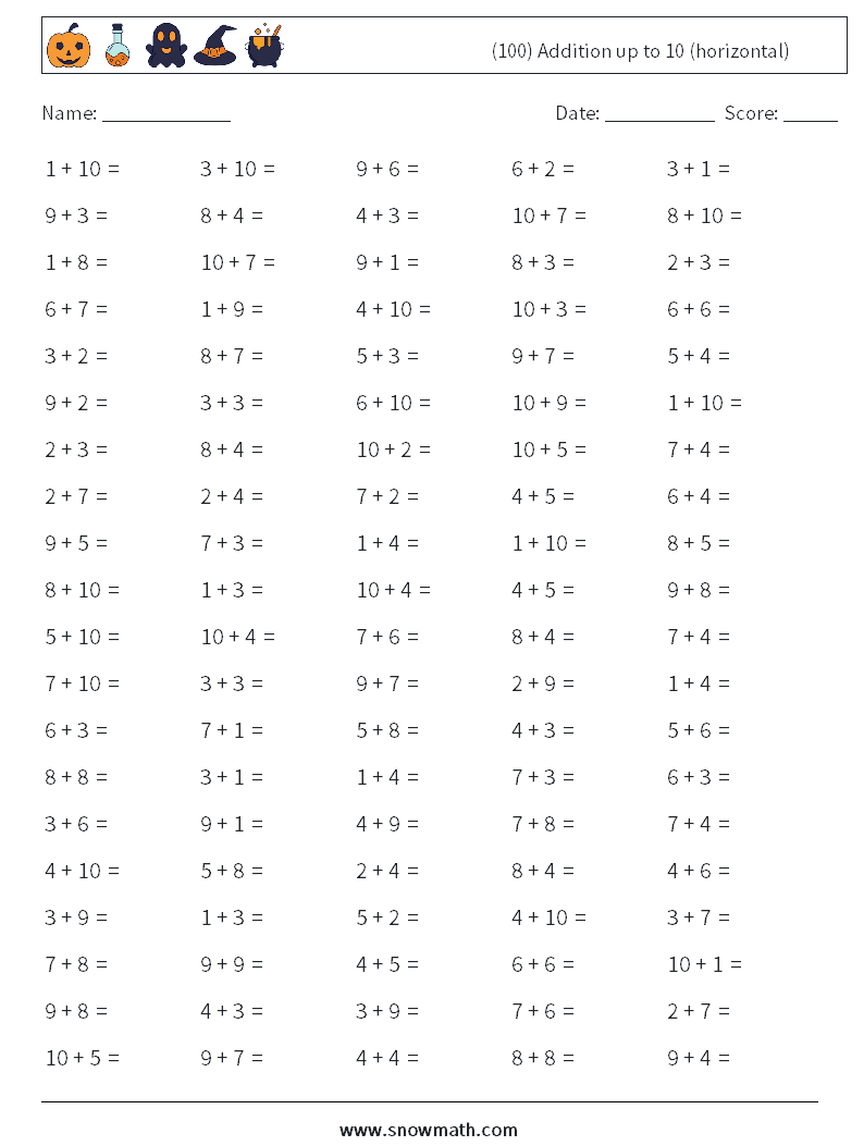 (100) Addition up to 10 (horizontal) Math Worksheets 7