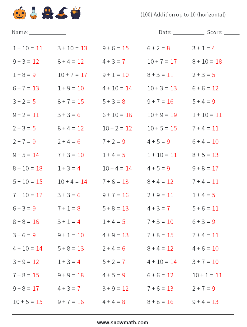 (100) Addition up to 10 (horizontal) Math Worksheets 7 Question, Answer