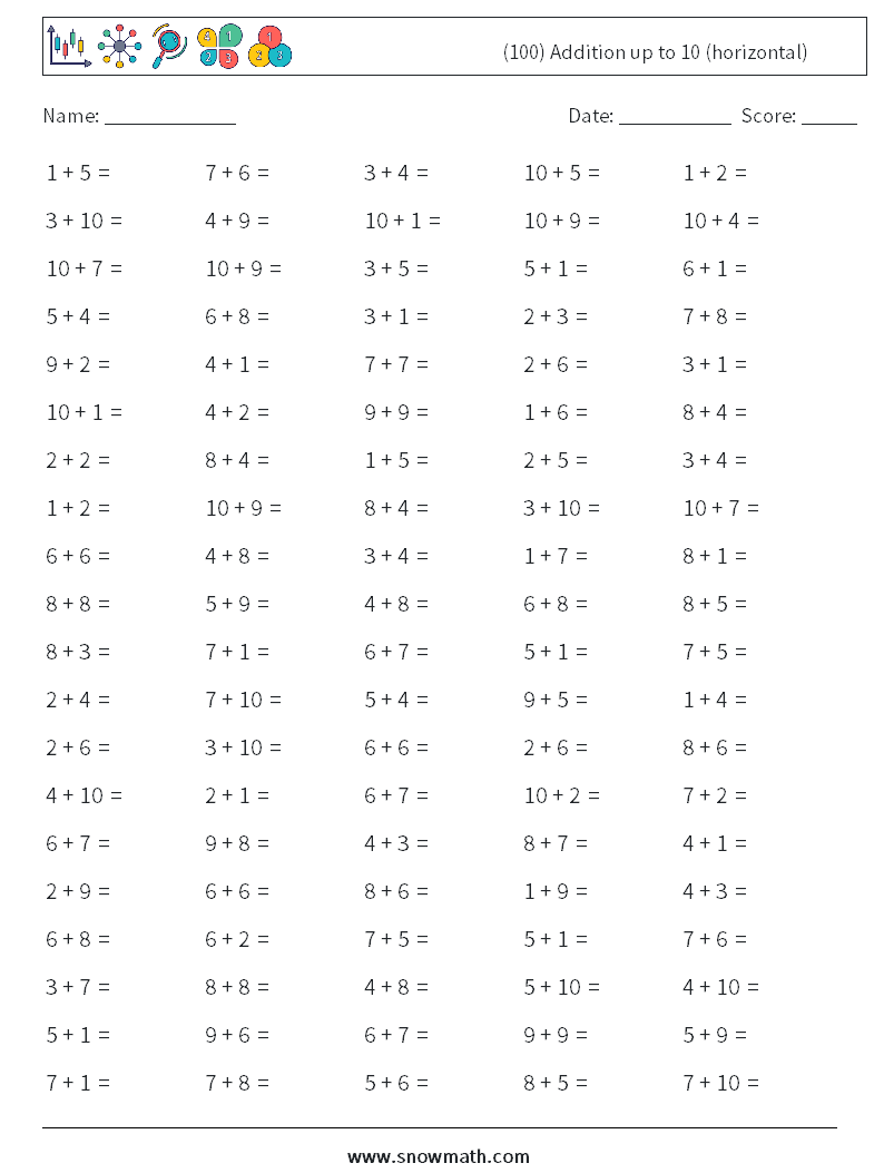 (100) Addition up to 10 (horizontal) Math Worksheets 8