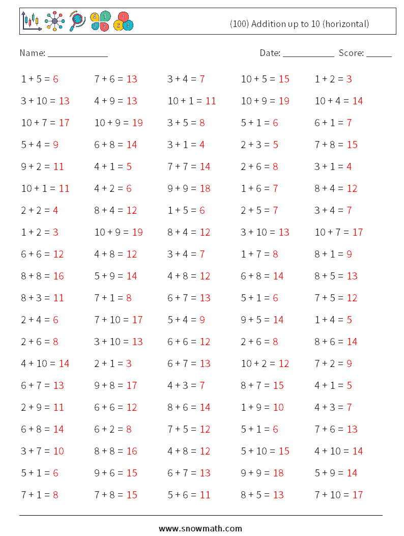 (100) Addition up to 10 (horizontal) Math Worksheets 8 Question, Answer