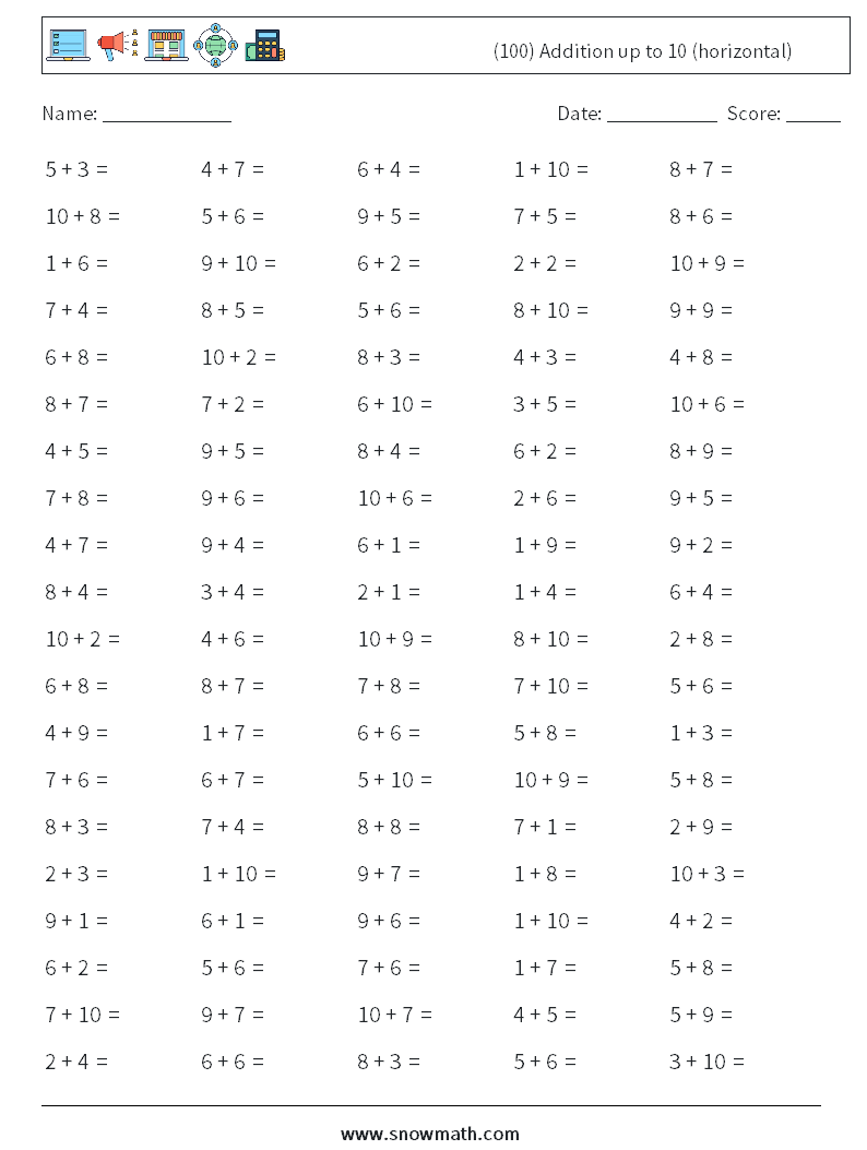 (100) Addition up to 10 (horizontal) Math Worksheets 9