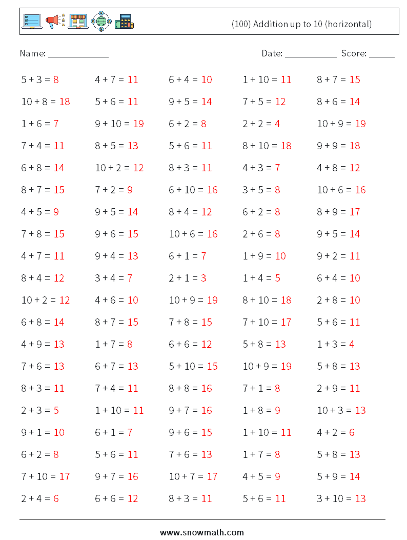 (100) Addition up to 10 (horizontal) Math Worksheets 9 Question, Answer