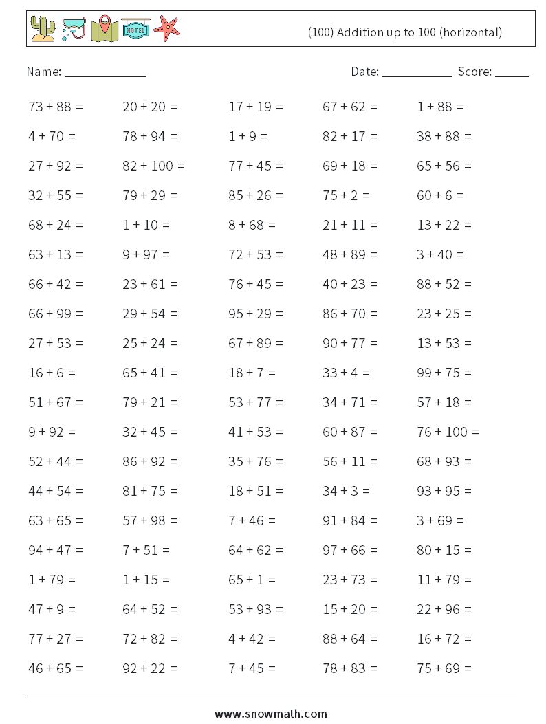 (100) Addition up to 100 (horizontal) Math Worksheets 8