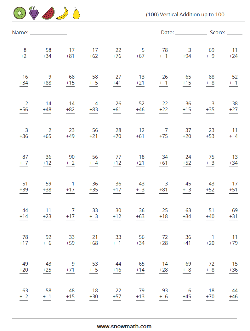 (100) Vertical Addition up to 100 Math Worksheets 6