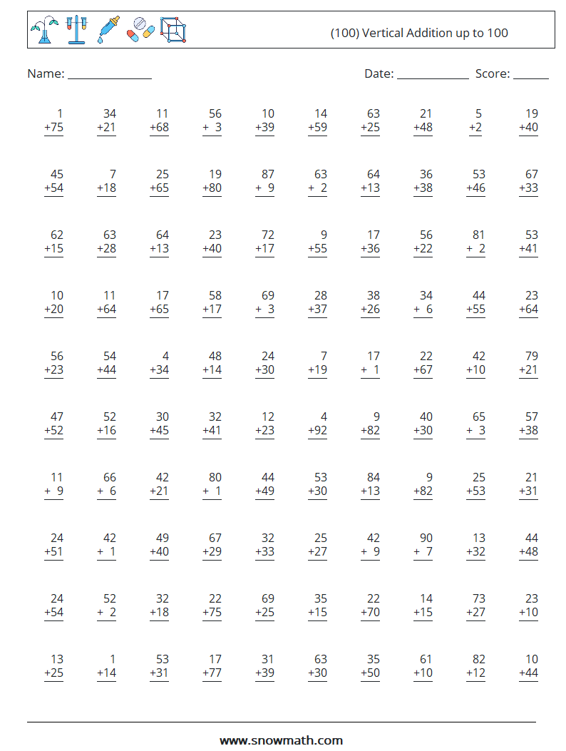 (100) Vertical Addition up to 100 Math Worksheets 9