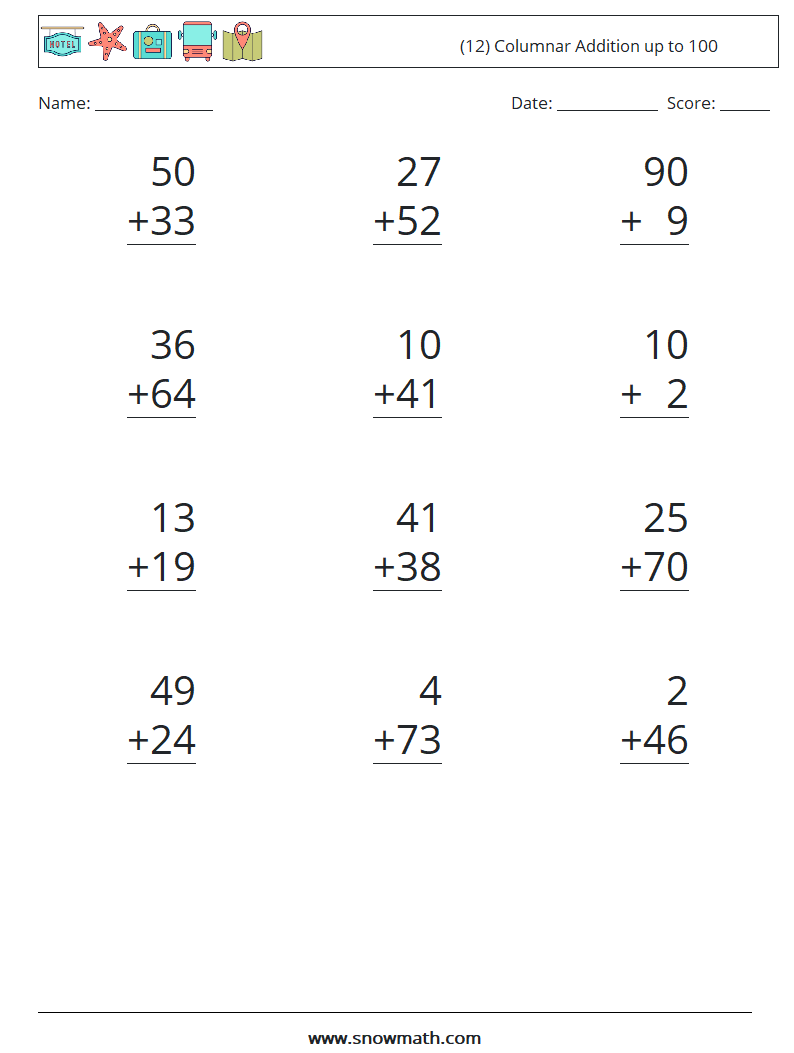 (12) Columnar Addition up to 100 Math Worksheets 1