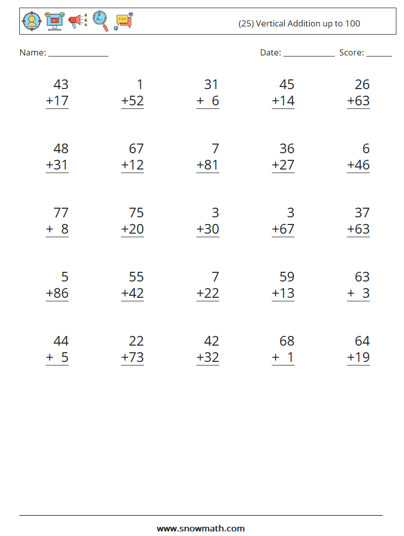(25) Vertical Addition up to 100 Math Worksheets 1