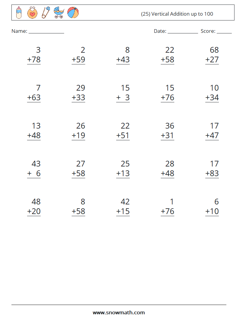 (25) Vertical Addition up to 100 Math Worksheets 12