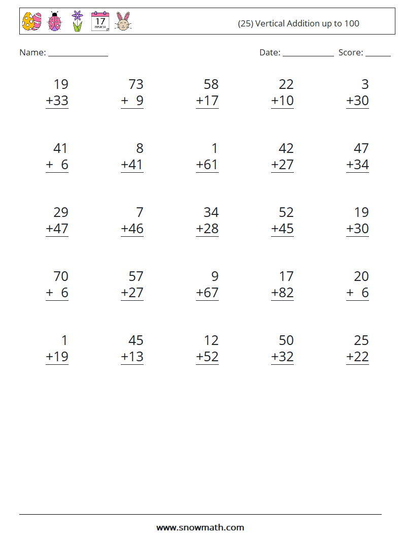 (25) Vertical Addition up to 100 Math Worksheets 13