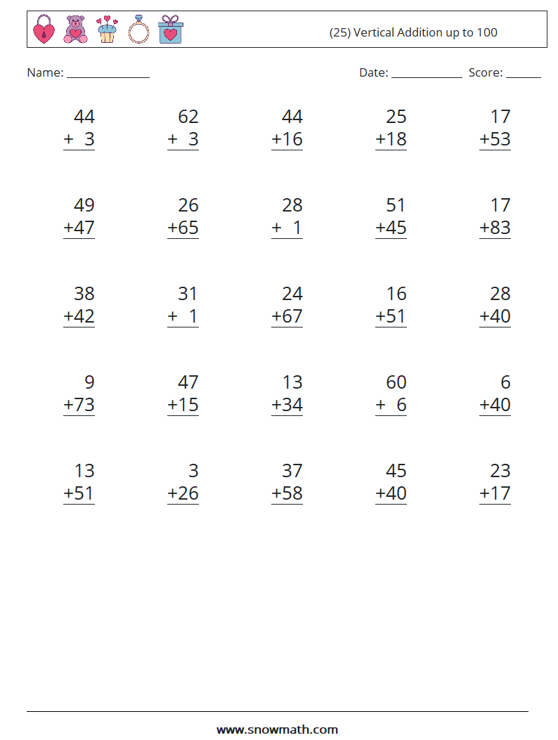 (25) Vertical Addition up to 100 Math Worksheets 15
