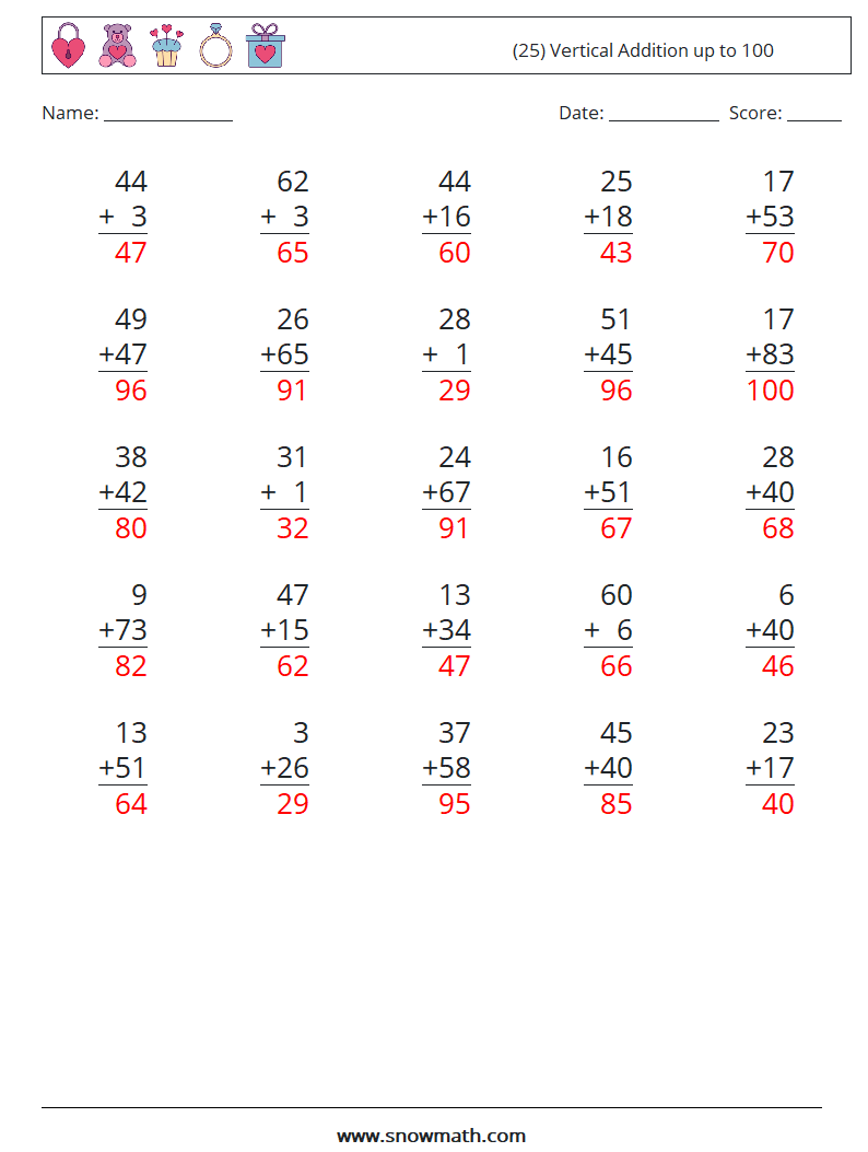 (25) Vertical Addition up to 100 Math Worksheets 15 Question, Answer