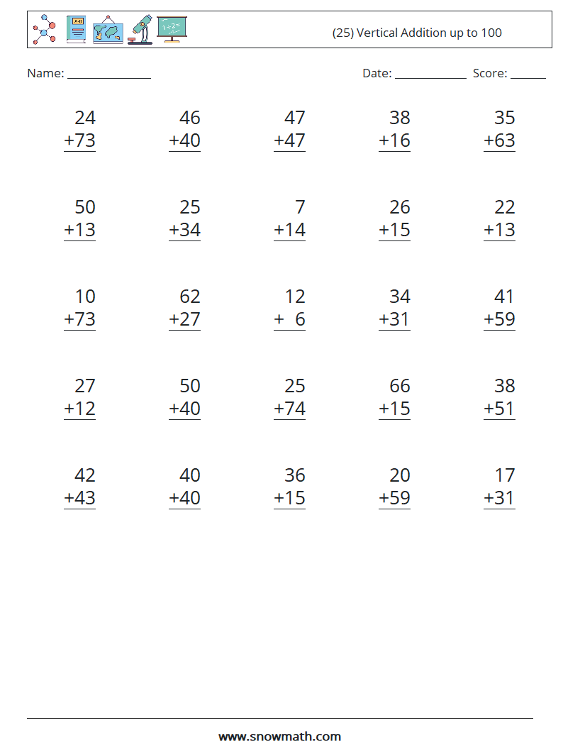 (25) Vertical Addition up to 100 Math Worksheets 17