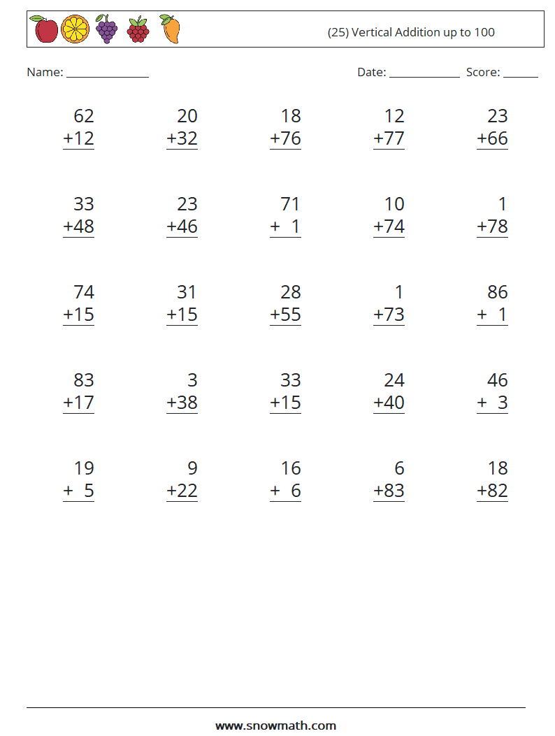 (25) Vertical Addition up to 100 Math Worksheets 18