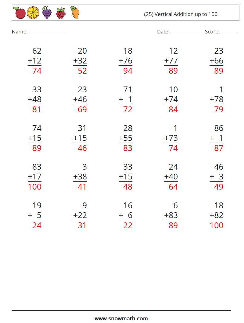 (25) Vertical Addition up to 100 Math Worksheets 18 Question, Answer