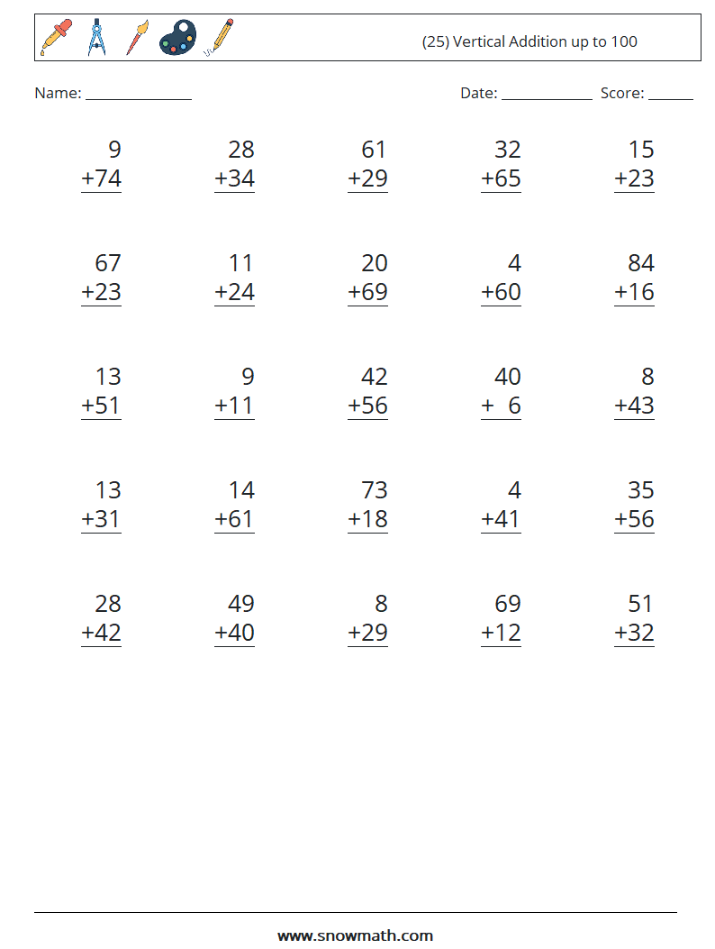 (25) Vertical Addition up to 100 Math Worksheets 5