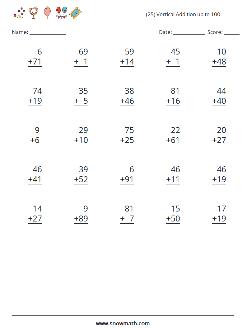 (25) Vertical Addition up to 100 Math Worksheets 6