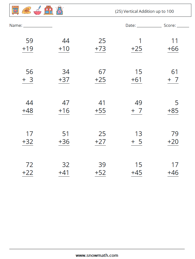 (25) Vertical Addition up to 100 Math Worksheets 8