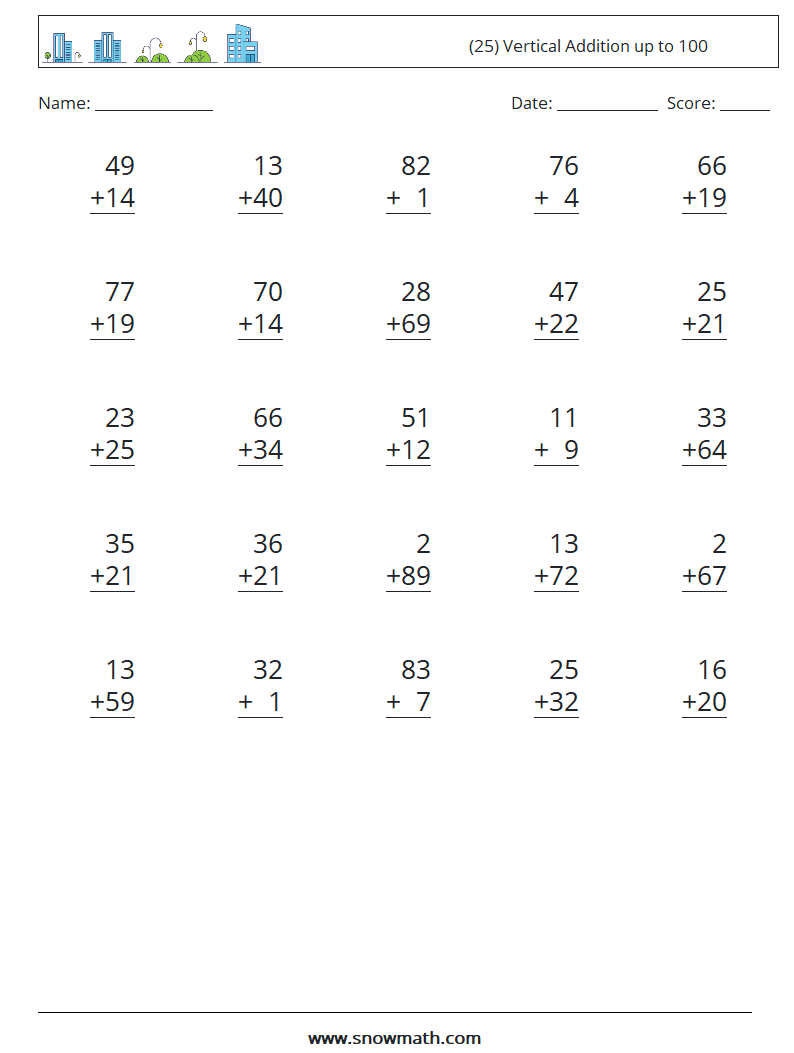 (25) Vertical Addition up to 100 Math Worksheets 9