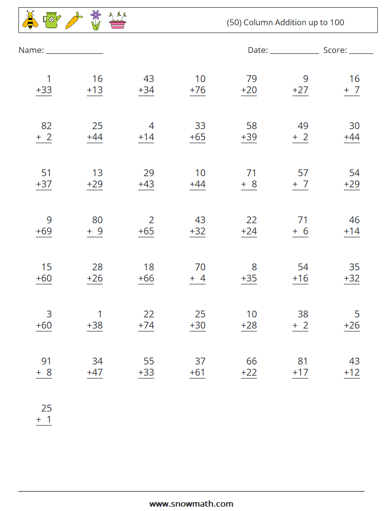 (50) Column Addition up to 100 Math Worksheets 12