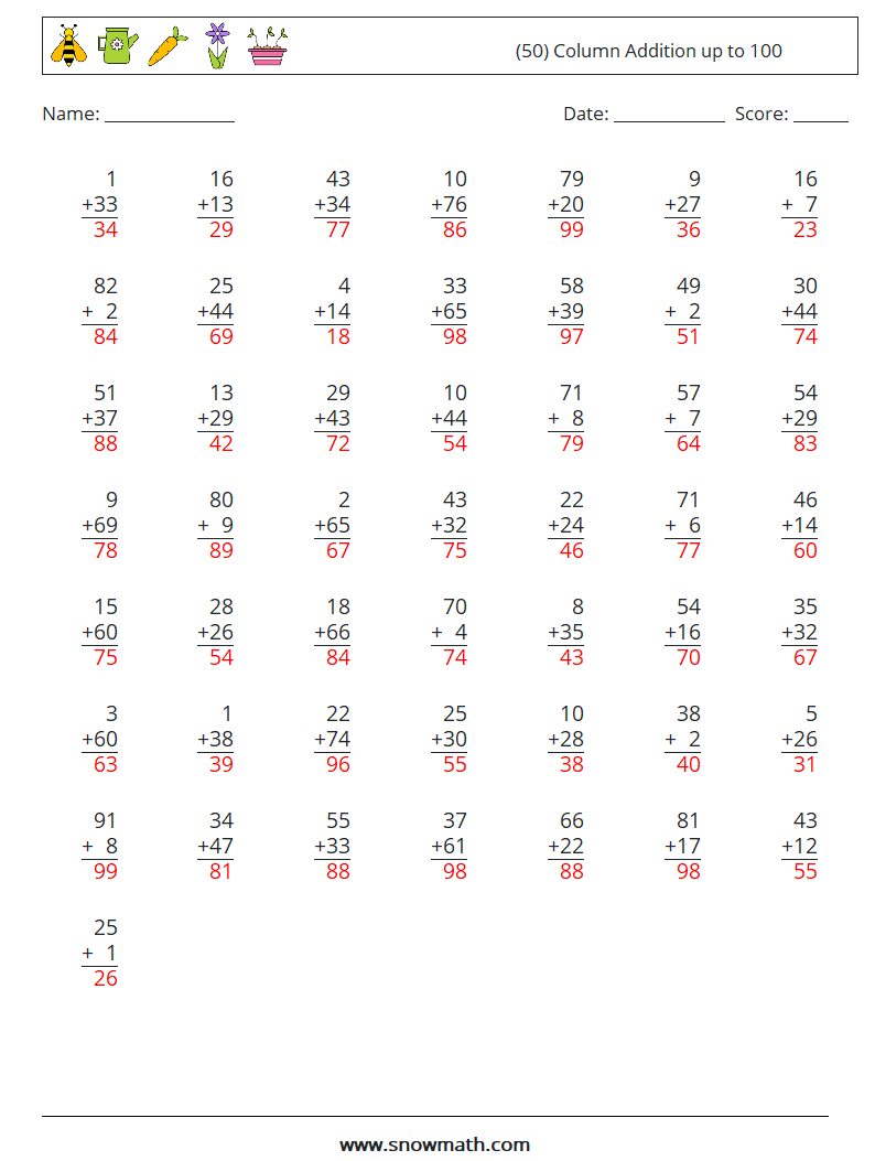 (50) Column Addition up to 100 Math Worksheets 12 Question, Answer