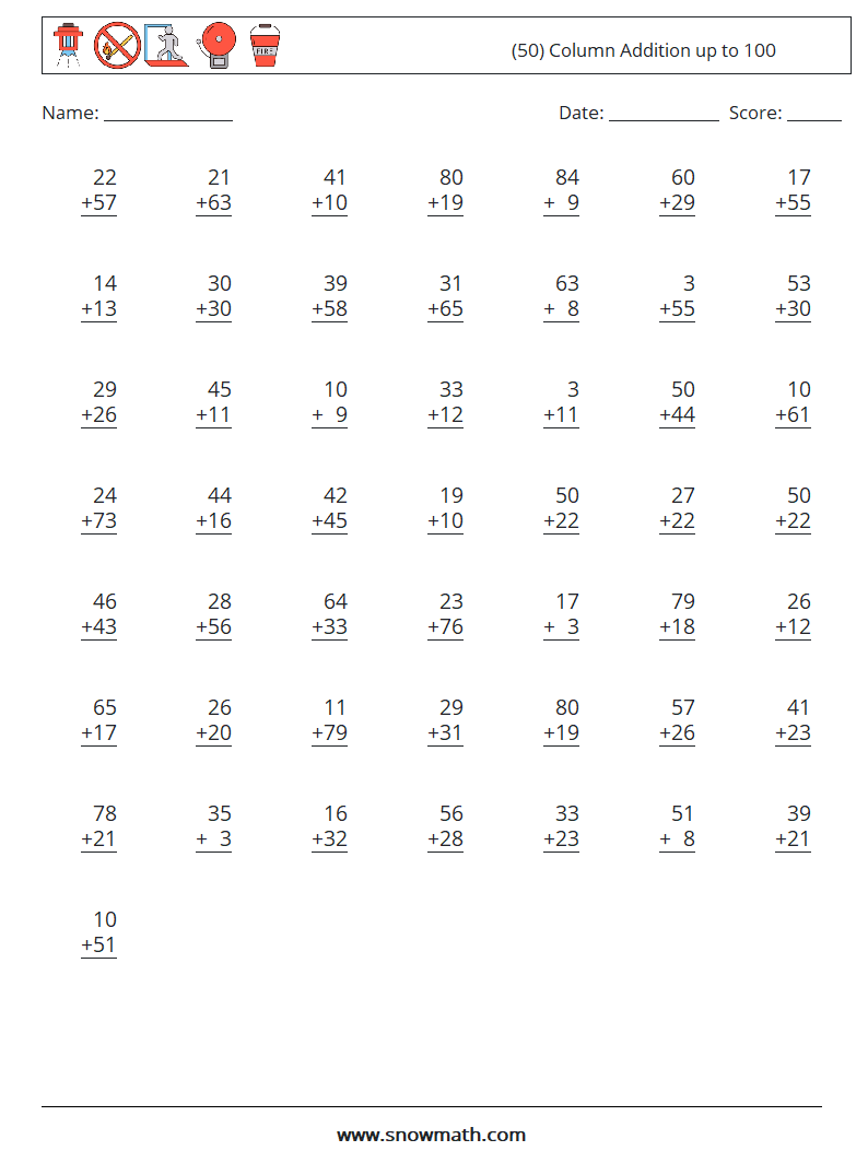 (50) Column Addition up to 100 Math Worksheets 14