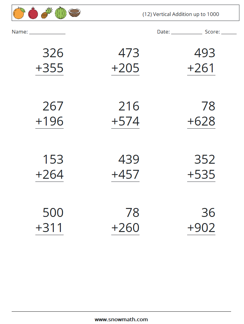 (12) Vertical Addition up to 1000 Math Worksheets 10