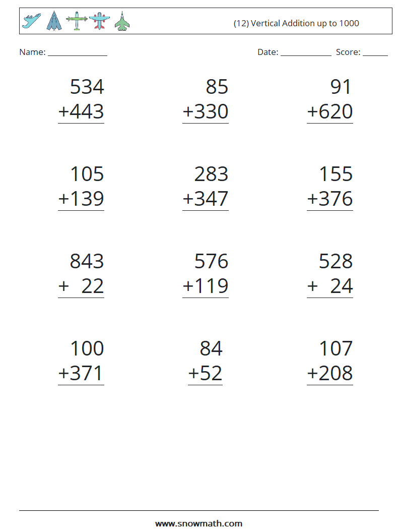 (12) Vertical Addition up to 1000 Math Worksheets 13