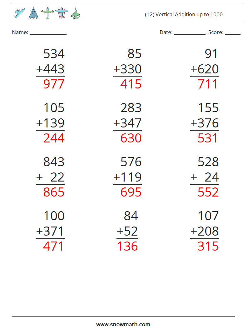 (12) Vertical Addition up to 1000 Math Worksheets 13 Question, Answer