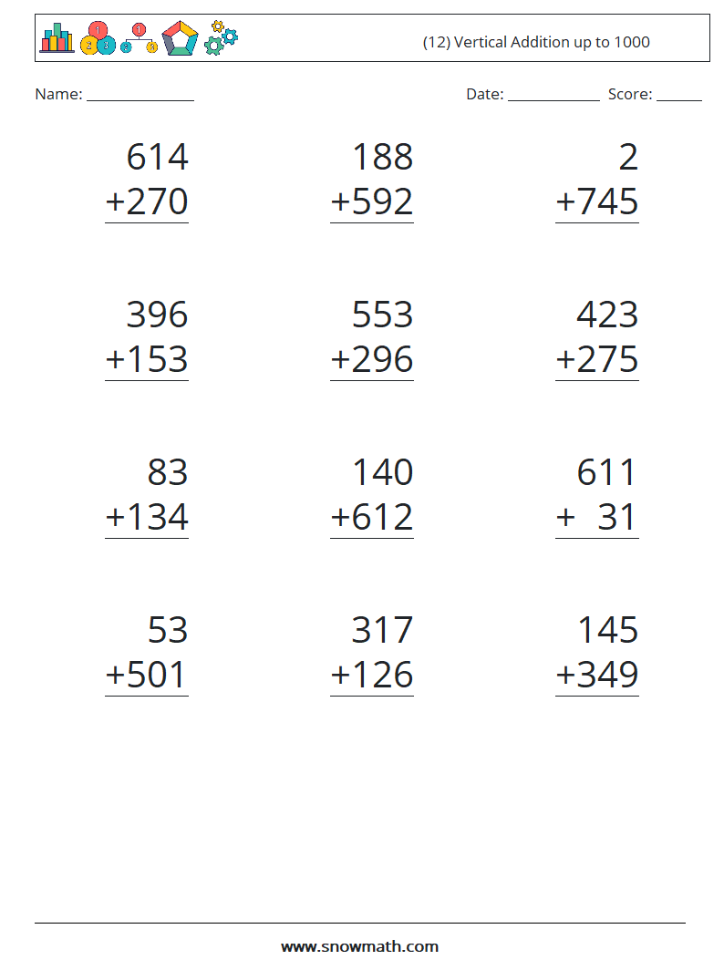 (12) Vertical Addition up to 1000 Math Worksheets 15