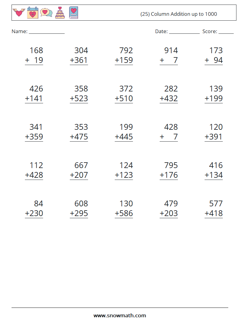 (25) Column Addition up to 1000 Math Worksheets 1