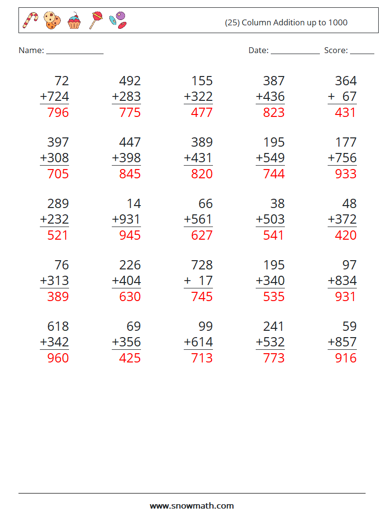 (25) Column Addition up to 1000 Math Worksheets 10 Question, Answer