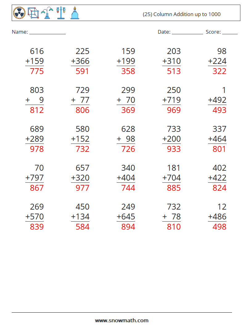 (25) Column Addition up to 1000 Math Worksheets 11 Question, Answer