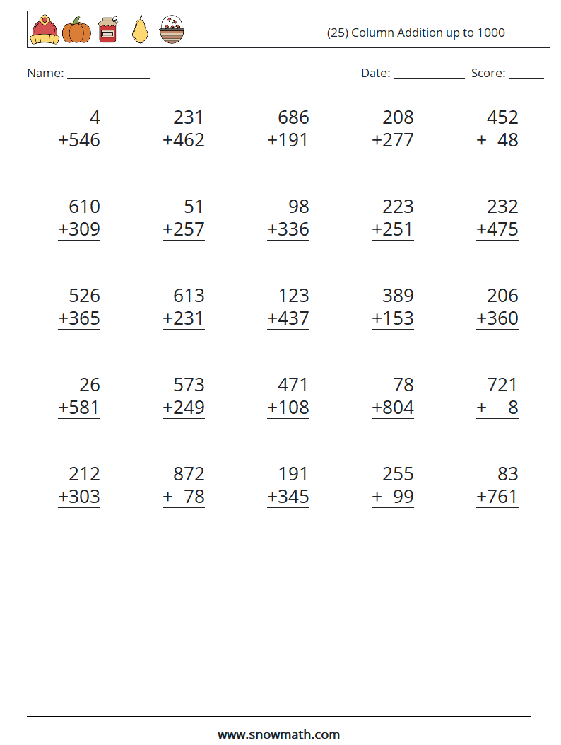 (25) Column Addition up to 1000 Math Worksheets 12