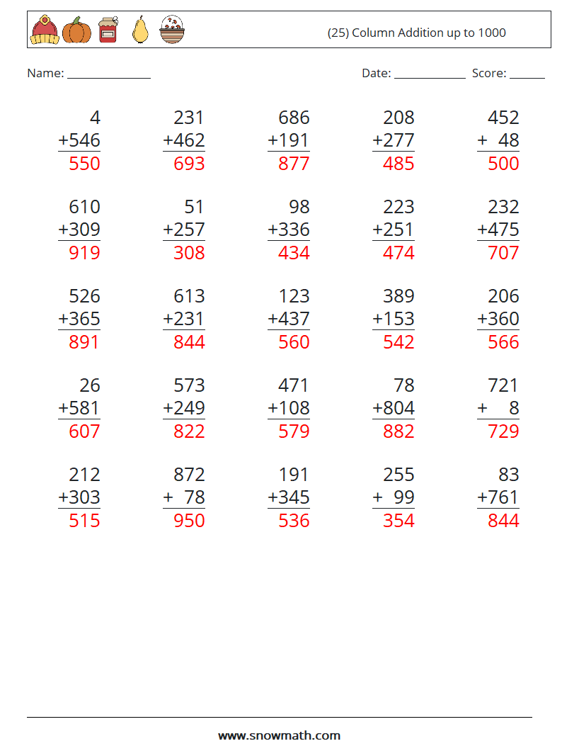 (25) Column Addition up to 1000 Math Worksheets 12 Question, Answer