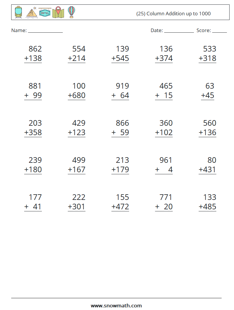 (25) Column Addition up to 1000 Math Worksheets 13