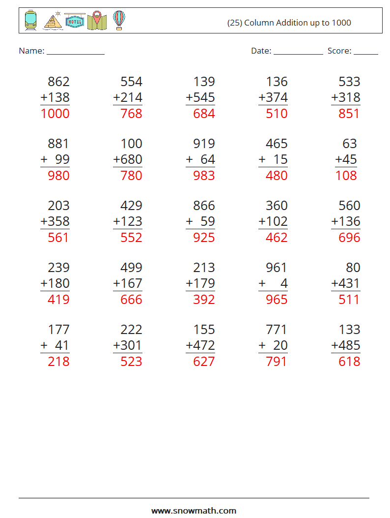 (25) Column Addition up to 1000 Math Worksheets 13 Question, Answer