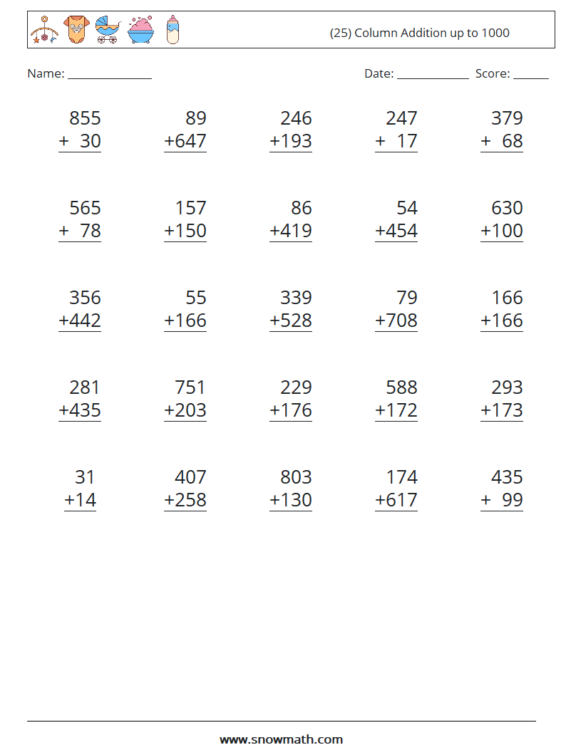 (25) Column Addition up to 1000 Math Worksheets 14