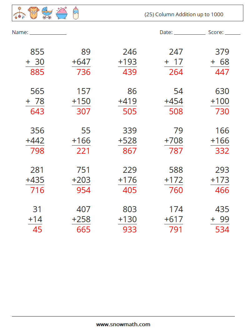 (25) Column Addition up to 1000 Math Worksheets 14 Question, Answer