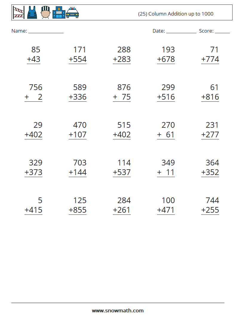 (25) Column Addition up to 1000 Math Worksheets 15