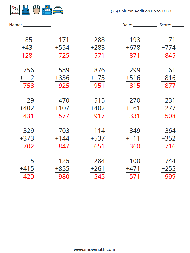 (25) Column Addition up to 1000 Math Worksheets 15 Question, Answer